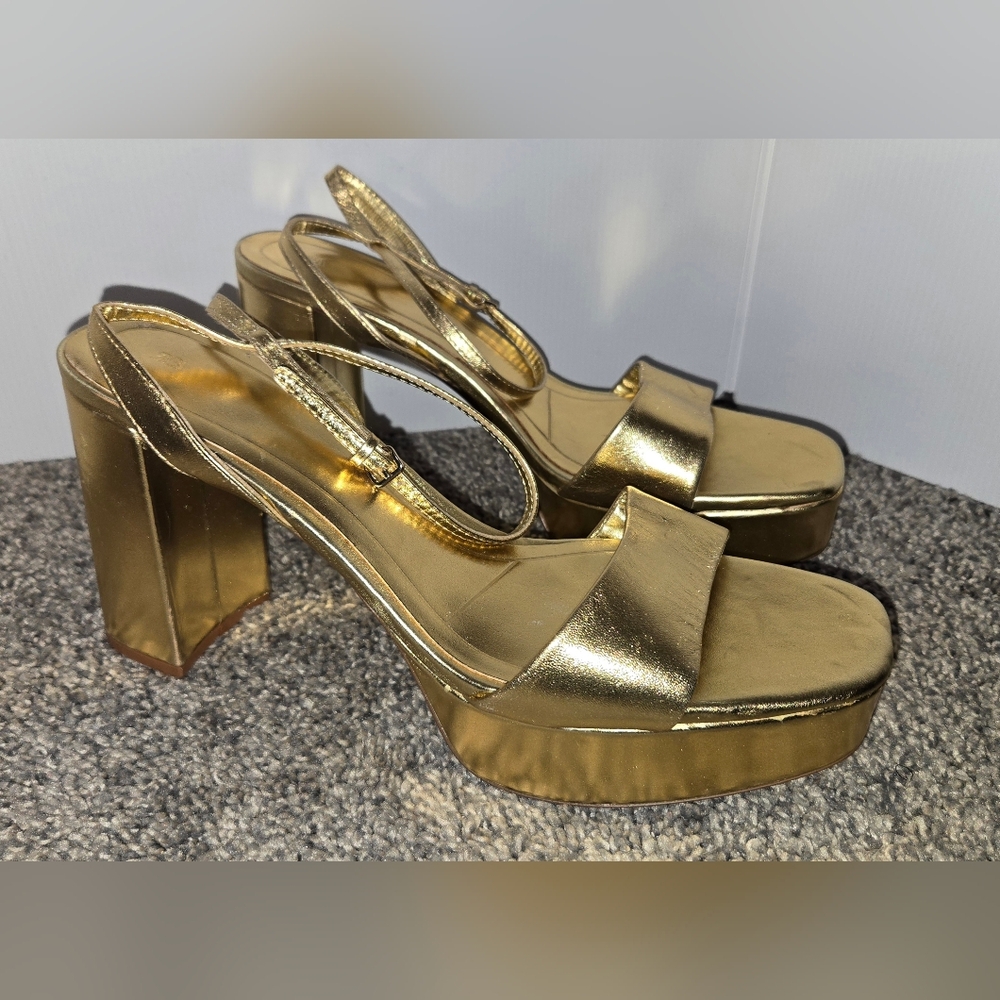 Zara Metallic Gold Platform Heeled Sandals, Size 12, NWOT However Has Minor Flaw
